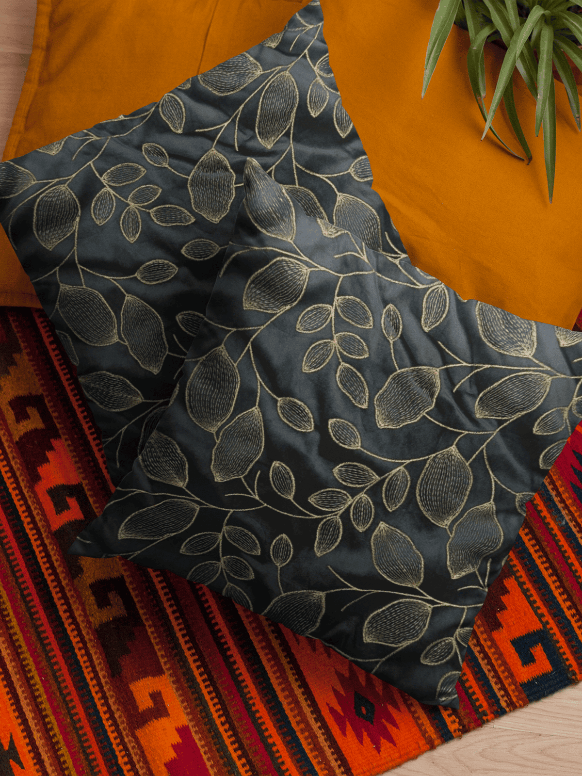 Midnight Leaf Gold Cushion Cover – 16x16 Inches - Furnish Factory