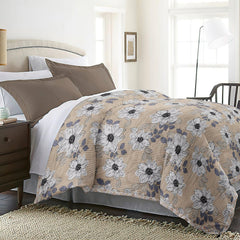 Ultrasonic Reversible Comforter – Floral Stripes & Geometric (Tan & White) - Furnish Factory