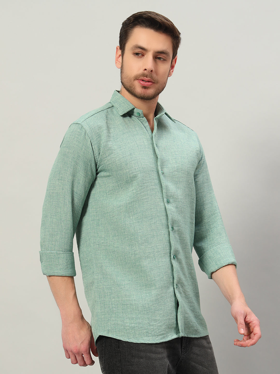 Sage Green Premium Linen Blend Point Collar Shirt