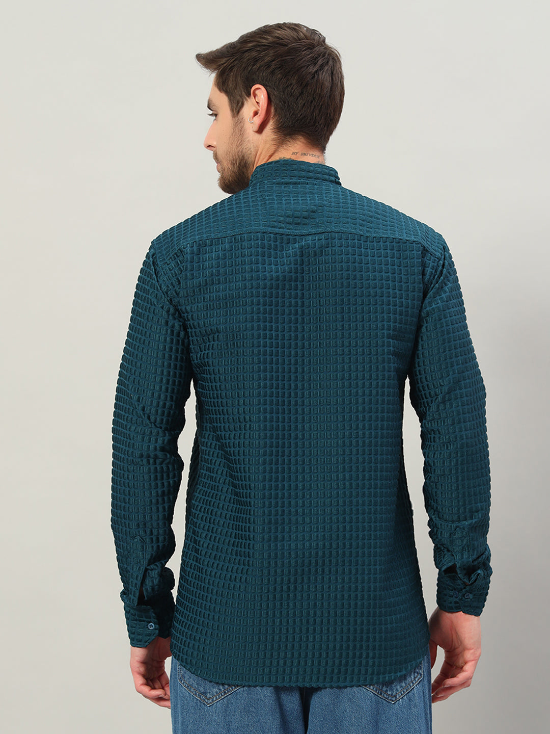 Men's Prussian Blue Bubble Cotton Mandarin Collar Shirt