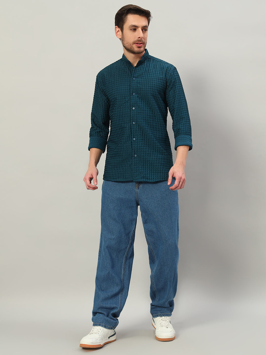 Men's Prussian Blue Bubble Cotton Mandarin Collar Shirt