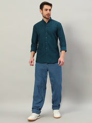 Men's Prussian Blue Bubble Cotton Mandarin Collar Shirt