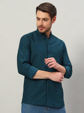 Men's Prussian Blue Bubble Cotton Mandarin Collar Shirt