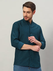 Men's Prussian Blue Bubble Cotton Mandarin Collar Shirt