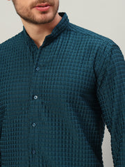 Men's Prussian Blue Bubble Cotton Mandarin Collar Shirt