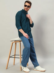 Men's Prussian Blue Bubble Cotton Mandarin Collar Shirt