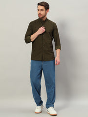 Men's Olive Green Bubble Cotton Mandarin Collar Shirt
