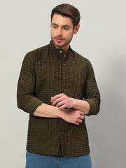 Men's Olive Green Bubble Cotton Mandarin Collar Shirt
