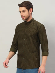 Men's Olive Green Bubble Cotton Mandarin Collar Shirt