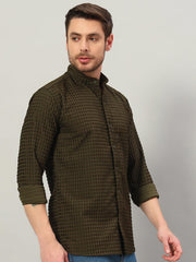 Men's Olive Green Bubble Cotton Mandarin Collar Shirt