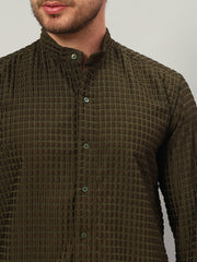 Men's Olive Green Bubble Cotton Mandarin Collar Shirt