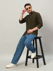 Men's Olive Green Bubble Cotton Mandarin Collar Shirt