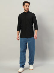 Men's Black Bubble Cotton Mandarin Collar Shirt