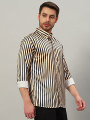 Men's Beige Striped Premium Satin Cotton Point Collar Shirt