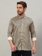 Men's Beige Striped Premium Satin Cotton Point Collar Shirt