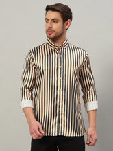 Men's Beige Striped Premium Satin Cotton Point Collar Shirt