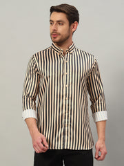 Men's Beige Striped Premium Satin Cotton Point Collar Shirt