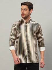 Men's Beige Striped Premium Satin Cotton Point Collar Shirt