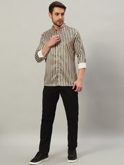 Men's Beige Striped Premium Satin Cotton Point Collar Shirt