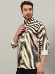 Men's Beige Striped Premium Satin Cotton Point Collar Shirt