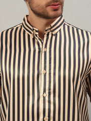 Men's Beige Striped Premium Satin Cotton Point Collar Shirt