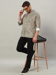 Men's Beige Striped Premium Satin Cotton Point Collar Shirt