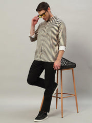 Men's Beige Striped Premium Satin Cotton Point Collar Shirt