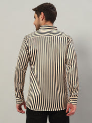 Men's Beige Striped Premium Satin Cotton Point Collar Shirt