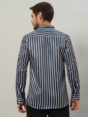 Men's Blue Striped Premium Satin Cotton Point Collar Shirt