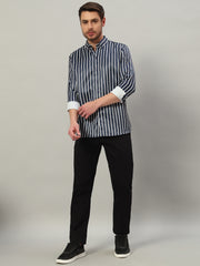 Men's Blue Striped Premium Satin Cotton Point Collar Shirt