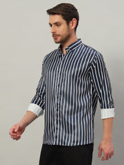 Men's Blue Striped Premium Satin Cotton Point Collar Shirt