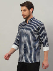 Men's Blue Striped Premium Satin Cotton Point Collar Shirt