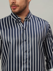 Men's Blue Striped Premium Satin Cotton Point Collar Shirt