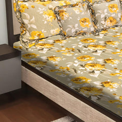 Elegant 5-Piece Quilted Bedding Set | King Size | Light Beige with Yellow & White Floral Design