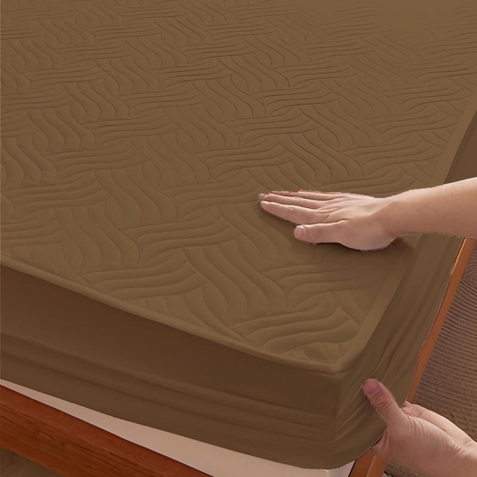 Coffee Brown Waterproof Mattress Protector – Fitted Textured Design - Furnish Factory