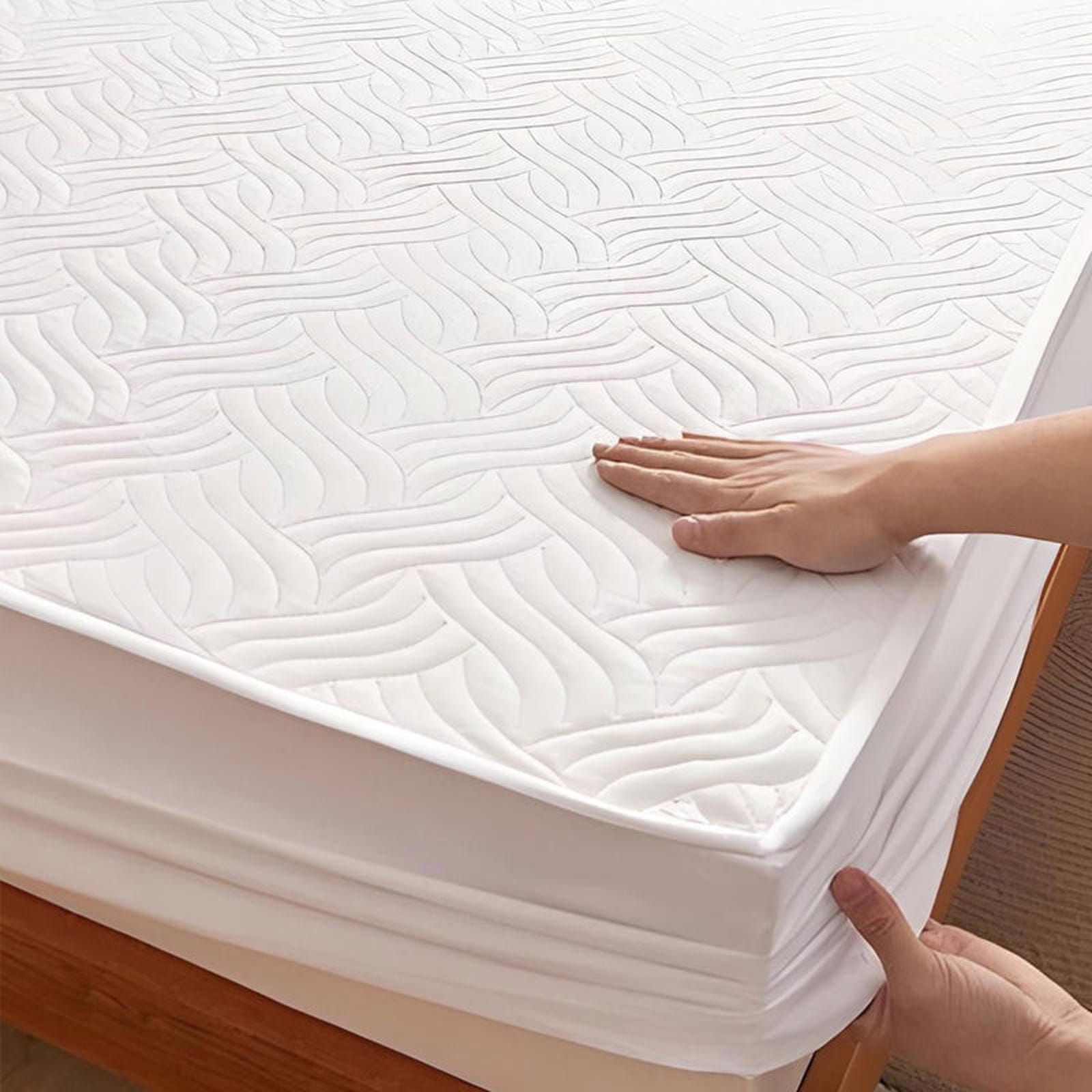 Milky White Waterproof Mattress Protector – Fitted Textured Design - Furnish Factory