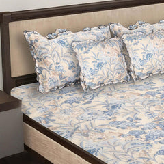 Elegant 5-Piece Quilted Bedding Set | King Size | Cream & Blue-Grey Floral Design