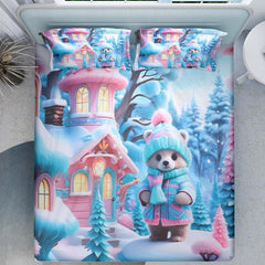 Bear Winter Wonderland 7D Cotton Fitted Bedsheet (90x100 inch) King Size