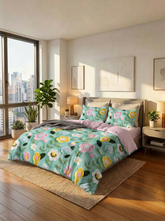 Mint Blossom Garden – 7D Floral Fitted Super King Size Bedsheet - Furnish Factory