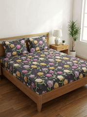 Pastel Petal Dreamscape – Floral Fitted Super king size 7D Bedsheet - Furnish Factory