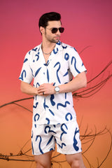 Blue Multi-Printed Cuban Collar Co-ord Set