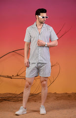 White Striped Cuban Collar Co-Ords