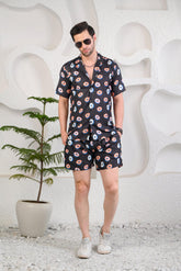 Donutonic Black Printed Cuban Collar Boxy Fit Co-Ords