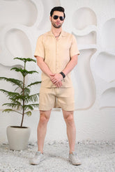 Beige Waffle Textured Cuban Collar Boxy Fit Co-Ords