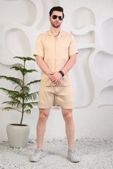 Beige Waffle Textured Cuban Collar Boxy Fit Co-Ords