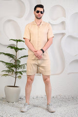 Beige Waffle Textured Cuban Collar Boxy Fit Co-Ords