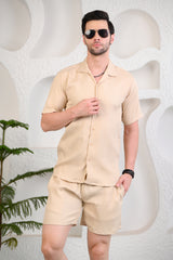 Beige Waffle Textured Cuban Collar Boxy Fit Co-Ords