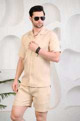 Beige Waffle Textured Cuban Collar Boxy Fit Co-Ords
