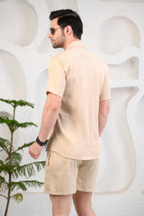 Beige Waffle Textured Cuban Collar Boxy Fit Co-Ords