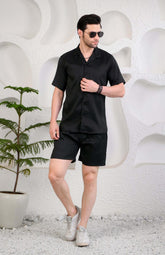 Black Waffle Textured Cuban Collar Boxy Fit Co-Ords